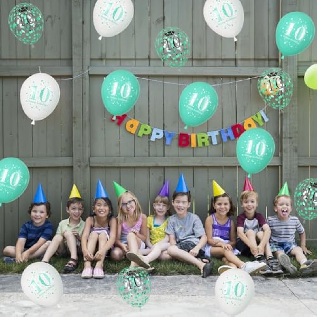 10th Birthday Decorations Girl, Teal White Happy 10th Birthday Latex Print Balloons for Boys, Turquoise White Confetti 10th Bday Party Decorations for Kids Age 10 Years Old Birthday Party Supplies