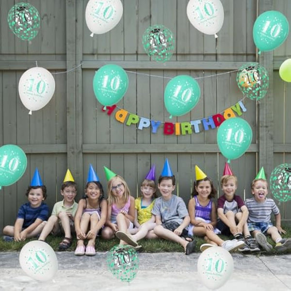 10th Birthday Decorations Girl, Teal White Happy 10th Birthday Latex Print Balloons for Boys, Turquoise White Confetti 10th Bday Party Decorations for Kids Age 10 Years Old Birthday Party Supplies