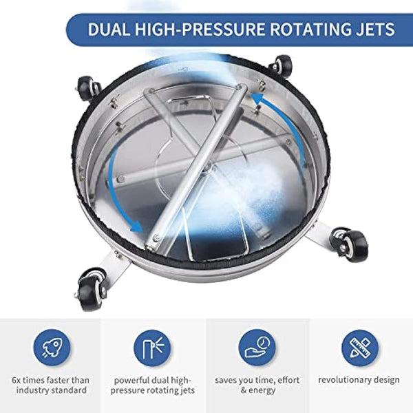15" Pressure Washer Surface Cleaner with 4 Wheels, Stainless Steel Housing & 1/4" Quick Connector, Power Washer Attachment with 2 Extension Wands, 2 Replacement Nozzles, 4000 PSI (15inch)
