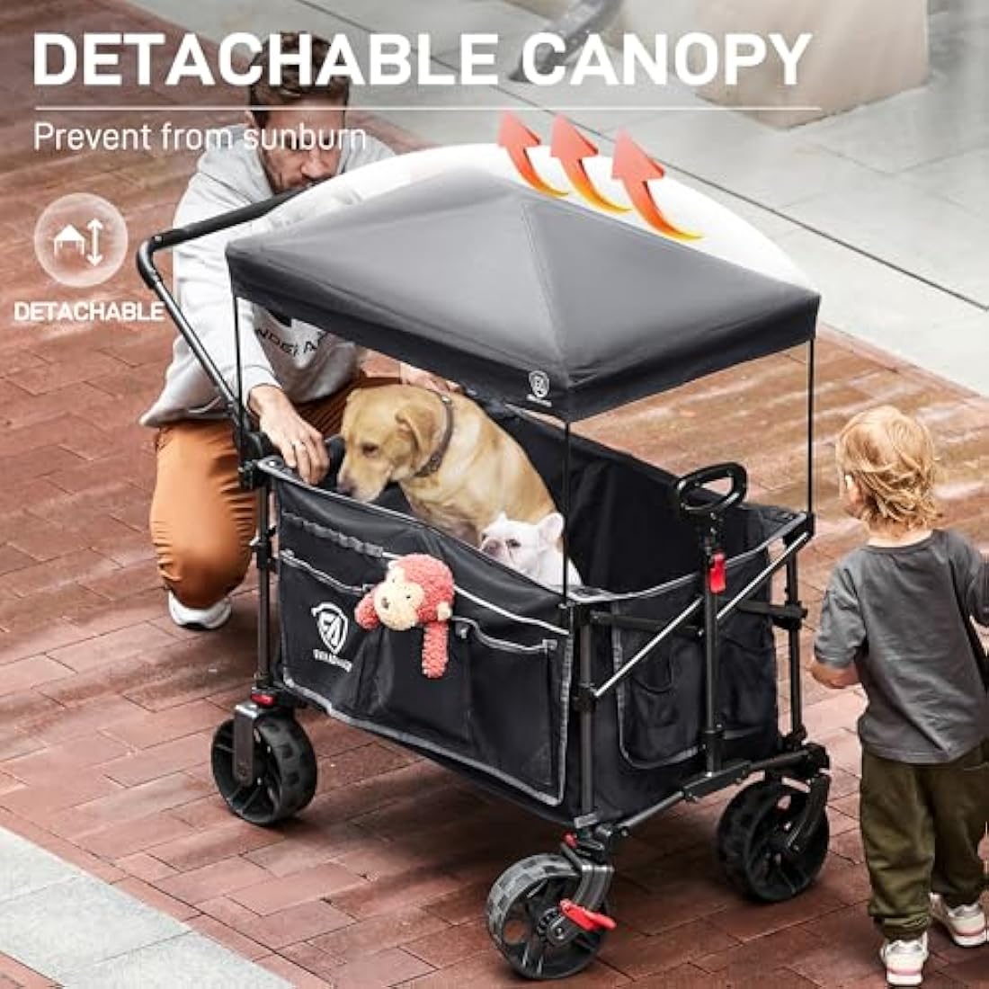 EVER ADVANCED 225L Festival Trolley on Wheels with Removable Canopy, 150KG Heavy Duty Camping Trolley, Push & Pull Beach Cart with 3 Large Pockets, Garden Folding wagon Fishing Grey