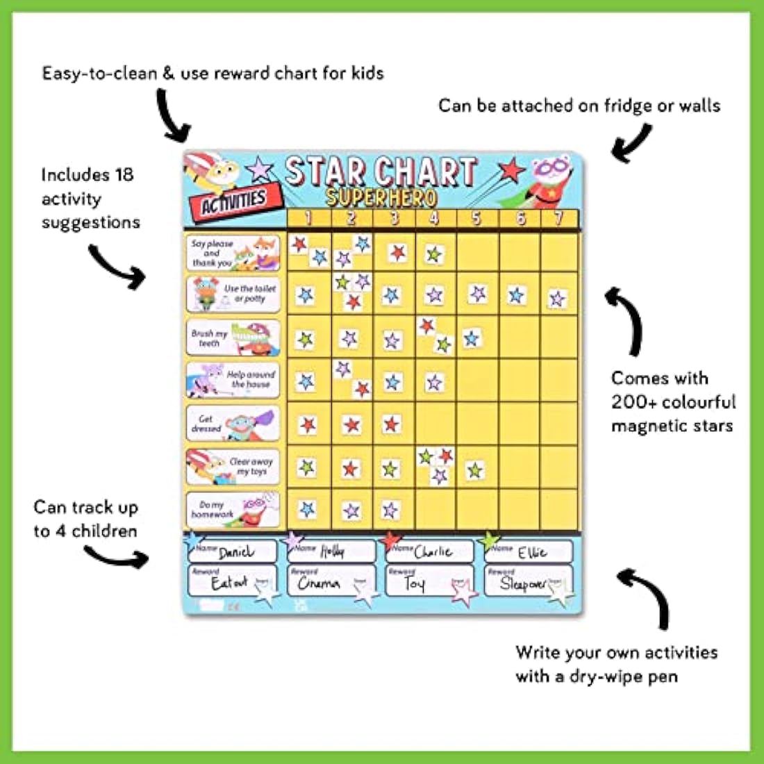 Fiesta Crafts Superhero Star Reward Chart - Magnetic Chore Board for Kids & Toddlers - Colour-Coded & Tracks Up to 4 Children to Encourage Good Behaviour - 200+ Stars, 19 Activity Suggestions, & Pen