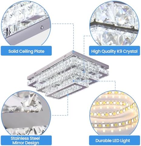 Finktonglan Modern Crystal LED Ceiling Light FIxtures 20” Dimmable Rectangular Flush Mount Chandelier Ceiling Lights 3-Tiers Stainless Steel Ceiling Lamp Fixtures for Living Room Bedroom Dining Room
