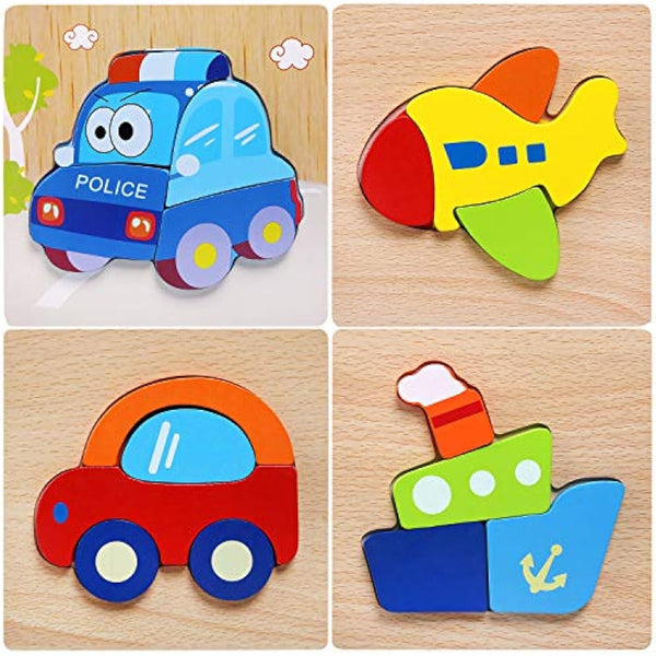 Afufu Wooden Toys - 4 Pack Jigsaw Puzzles for Toddlers 1 2 3 Years Old, Boys & Girls Educational Toys Gift with 4 Vehicle Patterns, Bright Vibrant Color Shapes