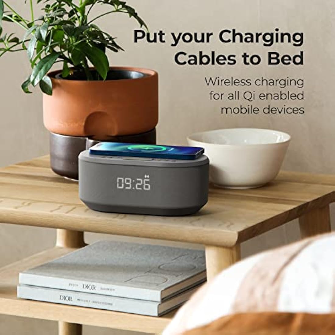 i-box Alarm Clocks Bedside, Alarm Clock with Wireless Charging, Bluetooth Speaker, Radio Alarm Clock, Fast Qi Wireless Charger, Mains Powered, FM Radio, USB Charging Port, Dimmable, Non Ticking