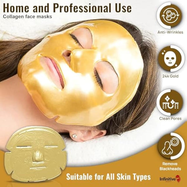 50 x Infinitive Beauty 24K Gold Collagen Crystal Face Mask – Anti-Aging Gel Sheet Mask for Wrinkles, Hydration, and Skin Firming, 10-Pack, Professional Facial Skincare Treatment