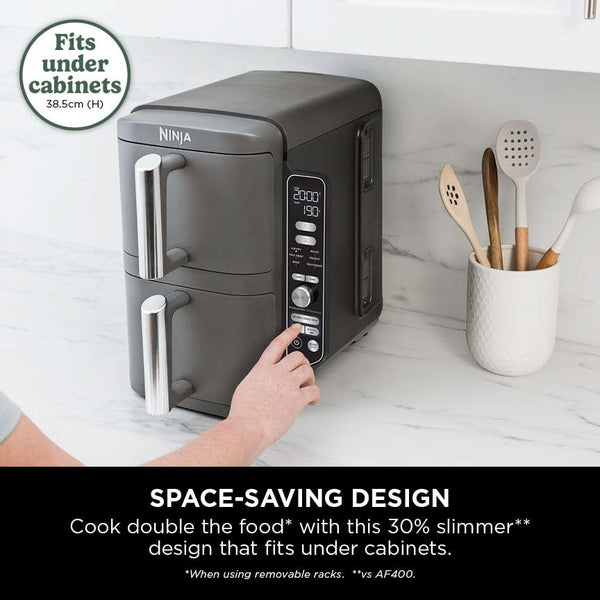 Ninja Double Stack XL Air Fryer, Vertical Dual Drawer AirFryer with 4 cooking levels, 2 Drawers and 2 Racks, Space Saving Design, 9.5L Capacity, 6 Cooking Functions, 8 Portions, Grey, SL400UK
