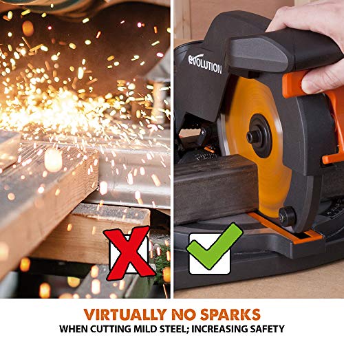 Evolution Power Tools R210CMS Compound Miter Saw Multi-Material Cutting TCT Blade Included Cuts Wood Metal Plastic & More, 45° - 45° Degree Miter & 45˚ Degree Bevel Angles, 1200W, 210mm