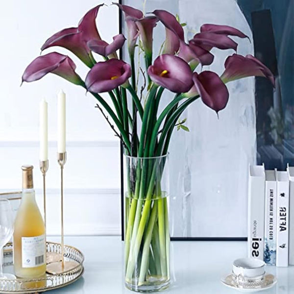 DUYONE 5 Pcs Large Artificial Calla Lily Flowers 25.6'' Long Stem Real Touch Latex Bouquet for Wedding Bridal Bouquet Room Office Party Home Decor Floral Arrangements(Purple 5pcs)