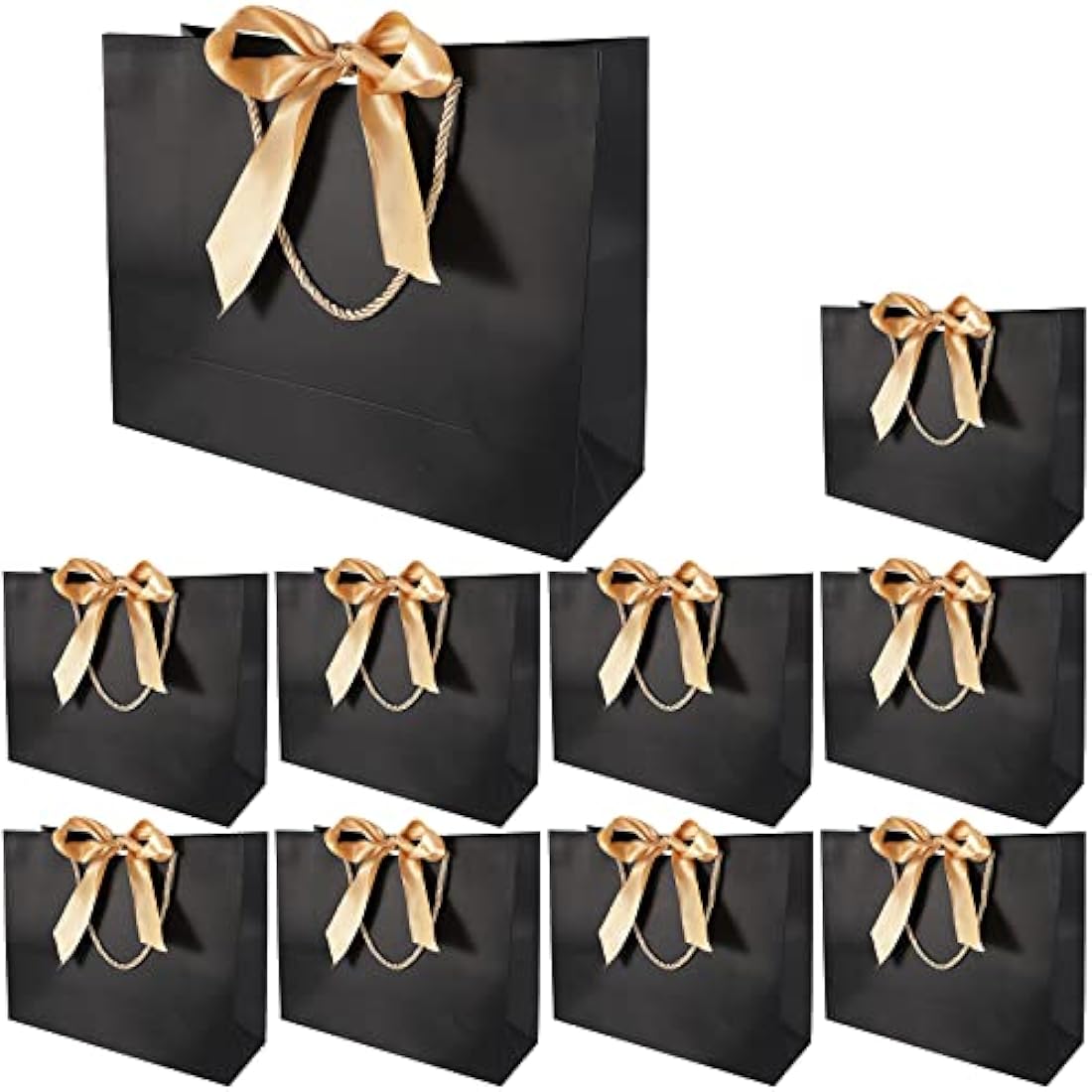 10 Pcs Black Gift Bags with Gold Bow Ribbon, Paper Party Favor Bag with Handles Gift Bags Large for Wedding Graduation Birthday Party Celebration Present Bags, 13x9.8x4.3 Inches