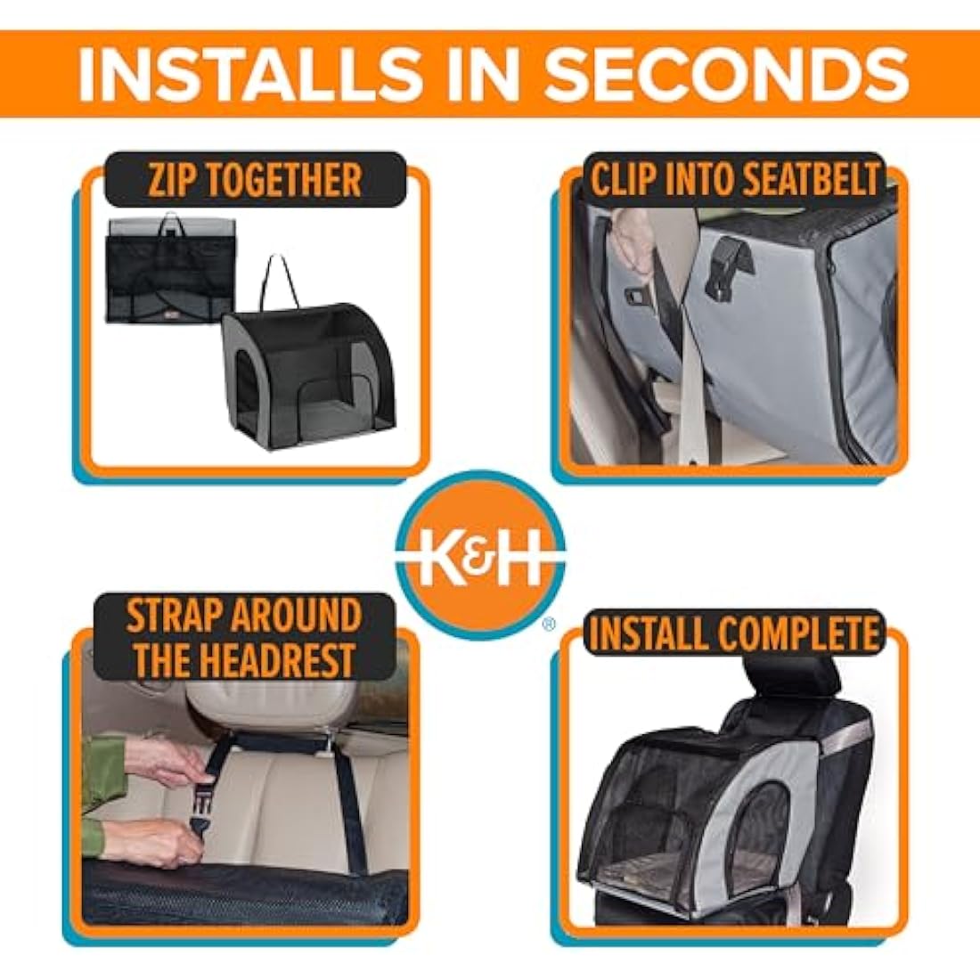 K&H Pet Products Travel Safety Carrier for Pets, Dog Crate for Car Travel, Soft-Sided Carrier for Cats and Small Dogs, Portable Car Seat Kennel, Gray/Black Small 17 X 16 X 15 Inches