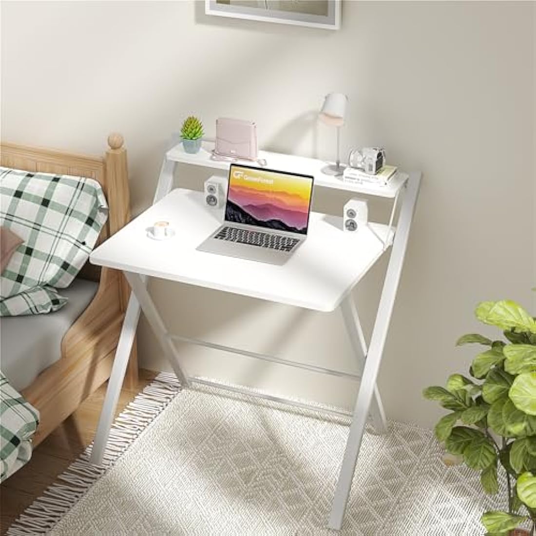 GreenForest Folding Desk No Assembly Required,Computer Desk with Monitor Shelf,Small Desk for Small Space,White