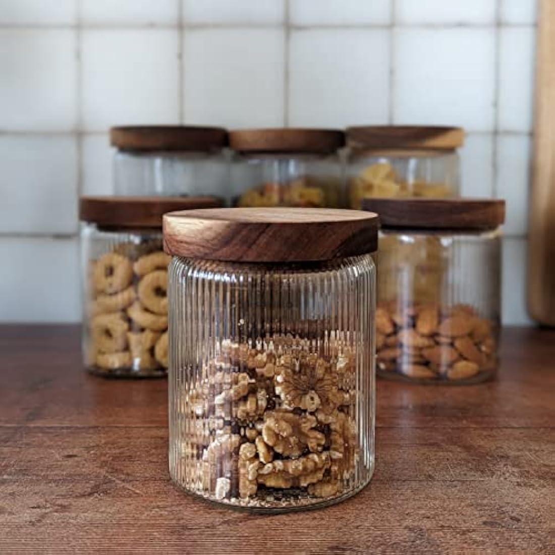 Mason & Fable Ribbed Glass Jar with Wooden Lid 500ml set of 3 | Airtight Glass Storage Canister for Food, Pasta, Coffee, Dog Treats, Snacks | Container for Home & Kitchen