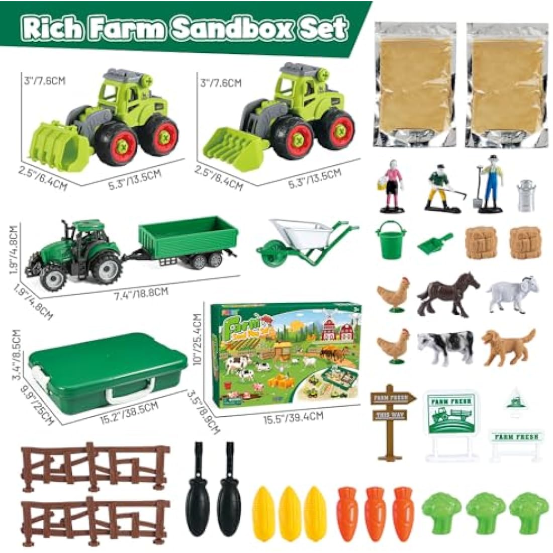 FRUSE Play Sand Farm Animal Toys,Sandbox Toys Set for Toddlers w/1 KG Play Sensory Sand, Farm Toy Figures and Tractor Truck Playset,Sensory Sandbox with Cover for Boy Girl Kid Age 3 4 5 6 7 8 9