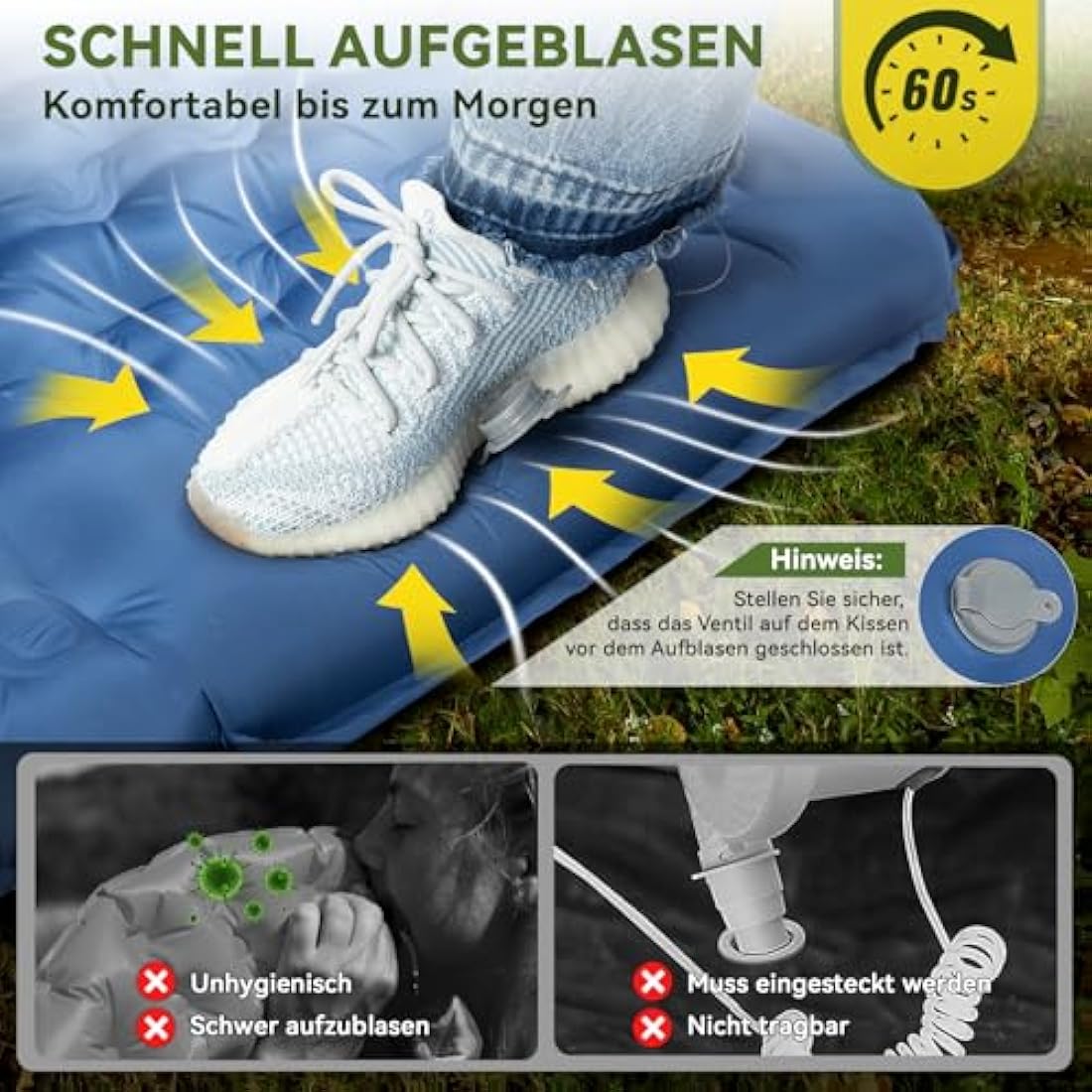 HIKENTURE Self-Inflating Sleeping Mat, 13 cm Ultra Thick Sleeping Mat Camping with Cushion, Inflatable Air Mattress, Small Pack Size, Ultralight Sleeping Mat with Foot Pump for Outdoor, Hiking, Tent,