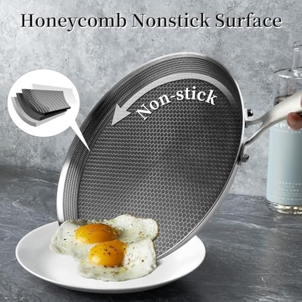 Innerwell Stainless Steel Crepe Pan 28 cm, Nonstick Stainless Steel Honeycomb Coating Pancake Pan, Non Stick Flat Skillet Tawa Dosa Tortilla Griddle Pan, Induction Compatible, PFOA Free
