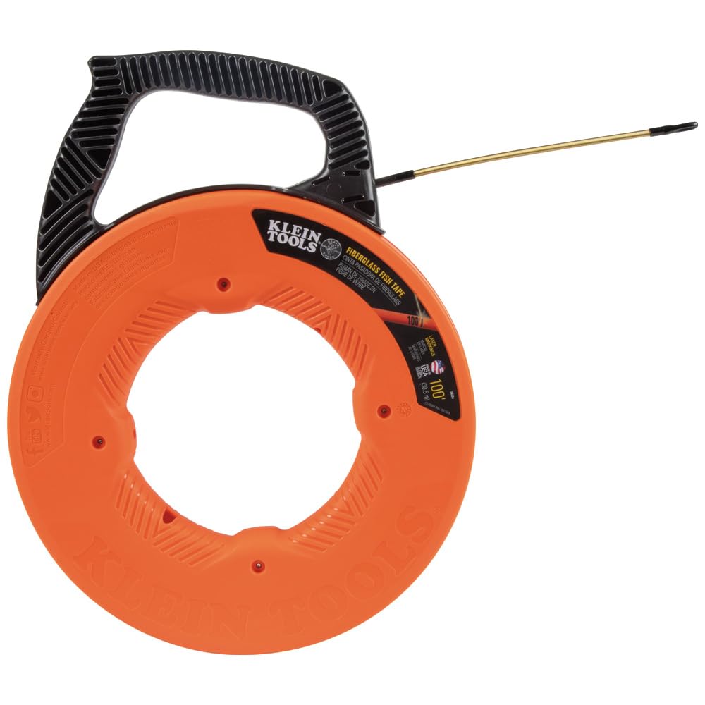 KLEIN TOOLS 56382 Fish Tape, Multi-Groove Fiberglass Wire Puller with Nylon Tip, Optimized Housing and Handle,Orange/Black, 15 m