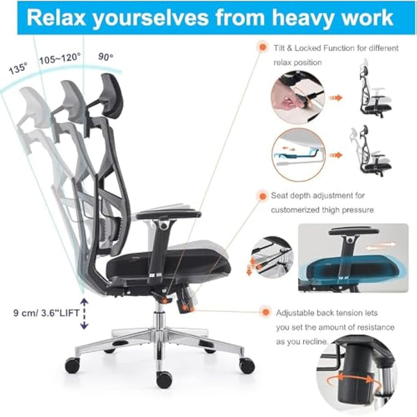 HOLLUDLE Ergonomic Office Chair with Adaptive Backrest, High Back Computer Desk Chair with 4D Armrests, Adjustable Seat Depth, Lumbar Support and 2D Headrest, Swivel Task Chair, Black