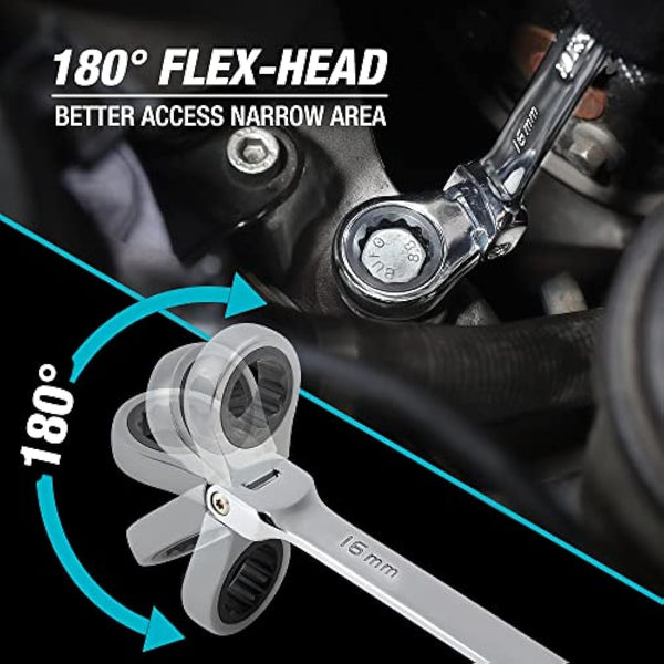 DURATECH Flex-Head Ratchet Spanner Set, 12-Piece Combination Wrench Set with 72 Tooth Ratchet Gear, Chrome Vanadium Steel, Metric, 8-19mm