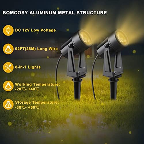Bomcosy Garden Spotlights Mains Powered, 92FT/28M Landscape Lights, 3000K 27V Spike Light Mains IP65 Waterproof Outdoor Garden Lights Pathway Lighting for Lawn Yard, Patio,Driveway,Party
