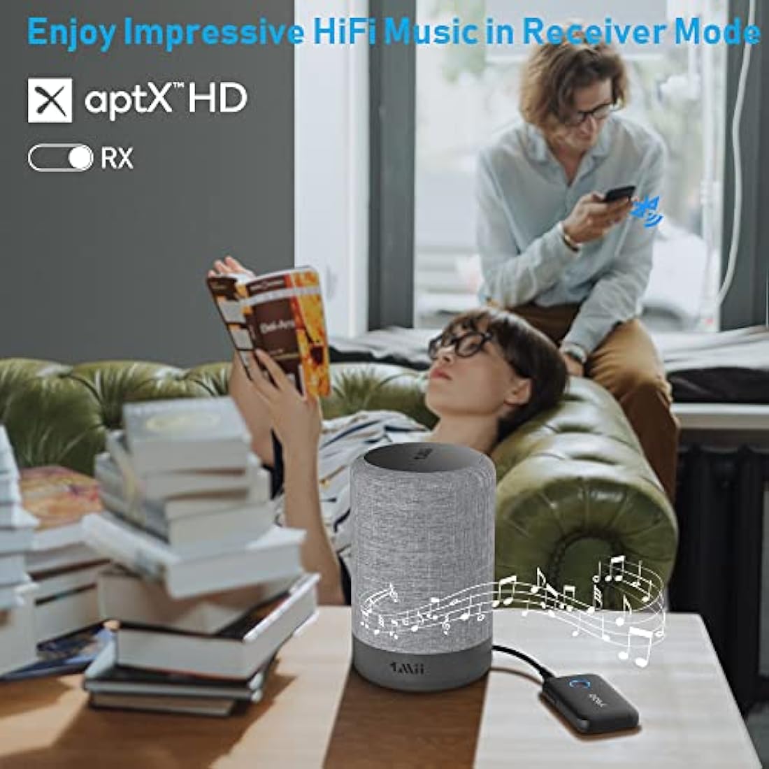 YMOO Bluetooth 5.3 Transmitter Receiver for TV/Plane to Headphones, Wireless Audio Adapter 3.5mm Jack, Dual Connection Splitter Adaptor aptX Low Latency, Long Range for Earphones Flight Airplane PC