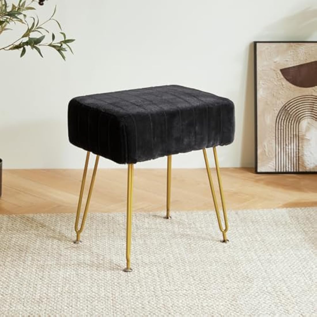 IBUYKE Velvet Rectangular Footrest Ottoman, Makeup Vanity Stool Side Table, Dressing Table Seat, Pouf Couch Stool, Golden Steel Legs, Black L/G-51B