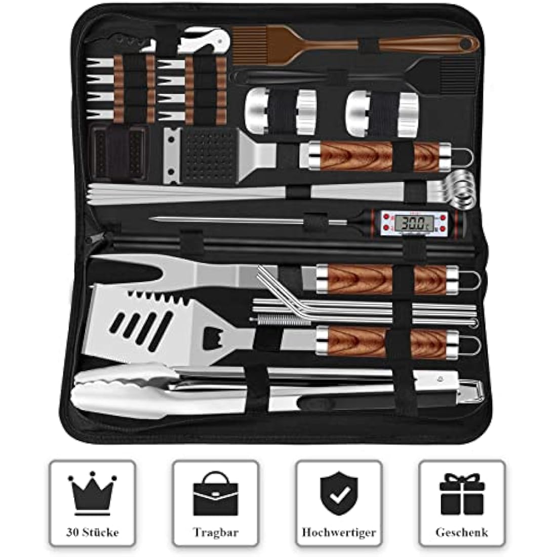 Grilliance 30pcs Stainless Steel Grill Tools Set for Men Gift Birthday, Heavy Duty BBQ Accessories Kit with Bag and Grill Mat, Portable Grilling Utensils for Outdoor Camping Brown