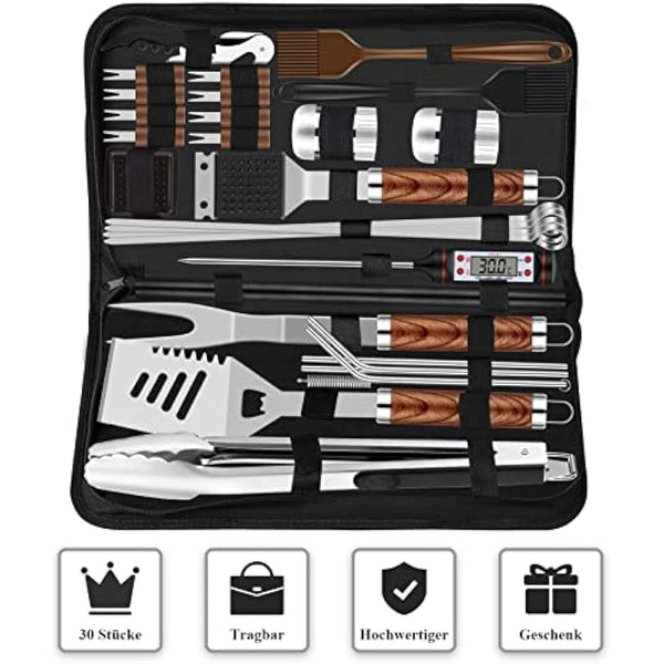 Grilliance 30pcs Stainless Steel Grill Tools Set for Men Gift Birthday, Heavy Duty BBQ Accessories Kit with Bag and Grill Mat, Portable Grilling Utensils for Outdoor Camping Brown