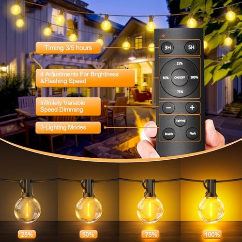 Outdoor String Lights Mains Powered - G40 Garden Festoon Lights 150FT/45M Dimmable with Remote Control, 45+2 Shatterproof LED Bulbs 3 Modes & 2 Timer Settings Waterproof for Outdoor Patio Gazebo