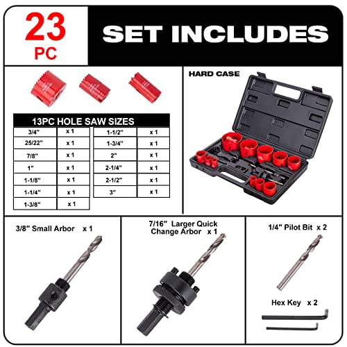 Ecotown 23-Piece Bi-Metal Hole Saw Kit - M42 High-Speed Steel Cutter Set (3/4" / 19mm to 3" / 76mm) for Soft Metal, Plywood, PVC, Plastic and Soft Aluminum- Heavy Duty Deep Hole Cutter Set