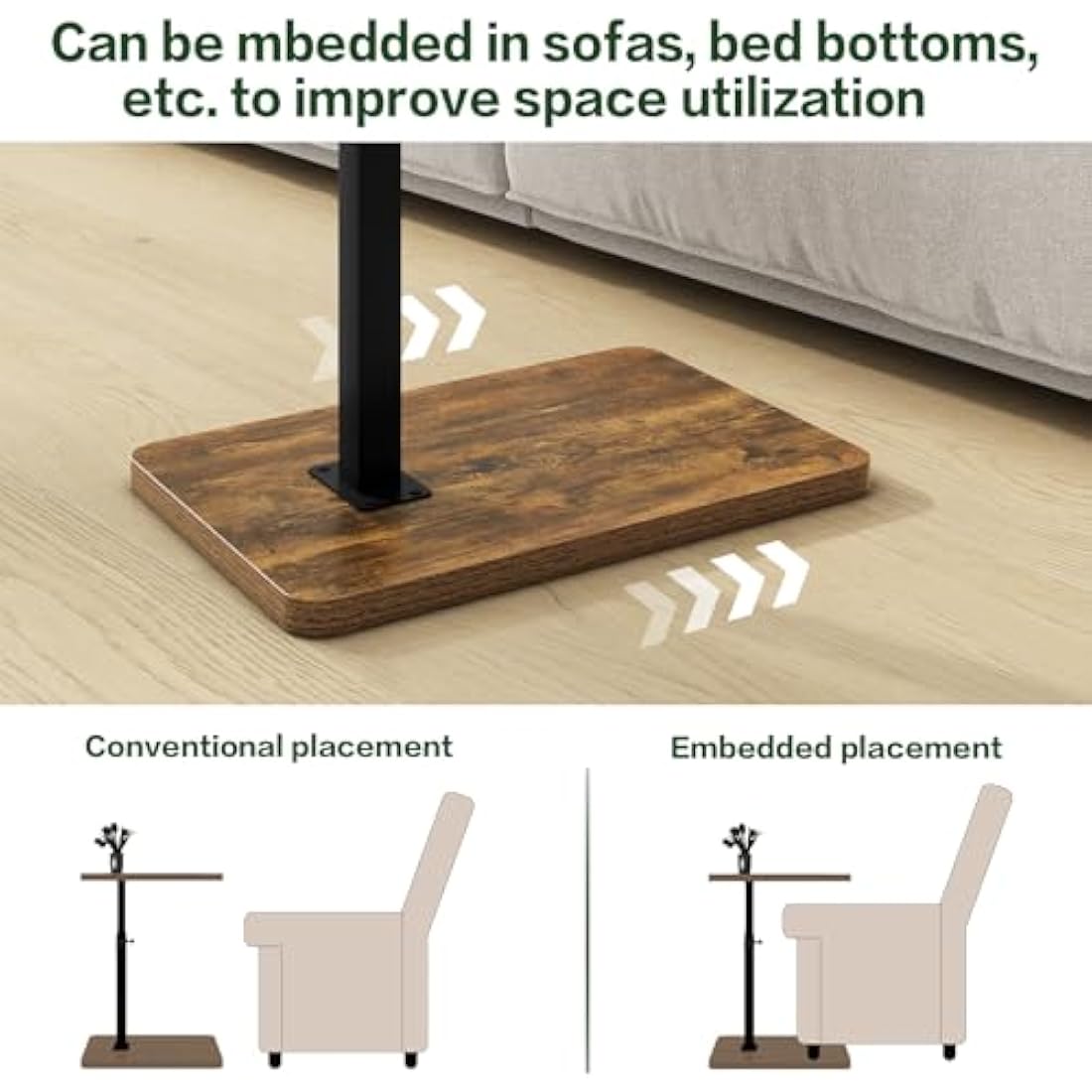 IBUYKE C Shaped Side Table, 360° Swivel Height Adjustable End Table for Small Spaces, with Phone & Tablet Slot, Modern Small Coffee Snack Table for Sofa/Bed, Retro Brown TVT003H