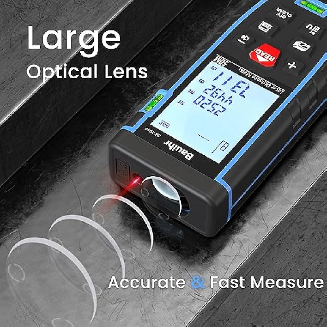 Bauihr Laser Measure Device, 50M/165ft Laser Distance Measure with 2 Bubble Levels, Portable Lazer Measurement Tool with Large Backlit LCD Display, Waterproof IP54, Battery Included