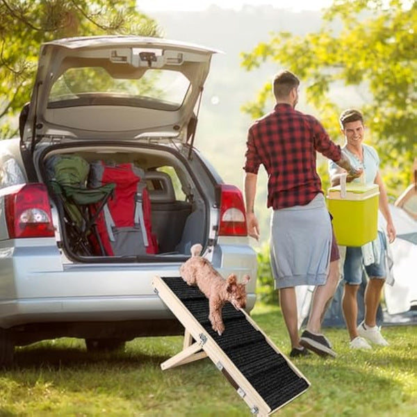 Umtiti Wooden Folding Portable Pet Ramp. 4 Levels Adjustable 9" to 17.3" with Non-Slip 5 Paw Traction Mat for Small Medium Doggie.Dog Ramps-BK,UK