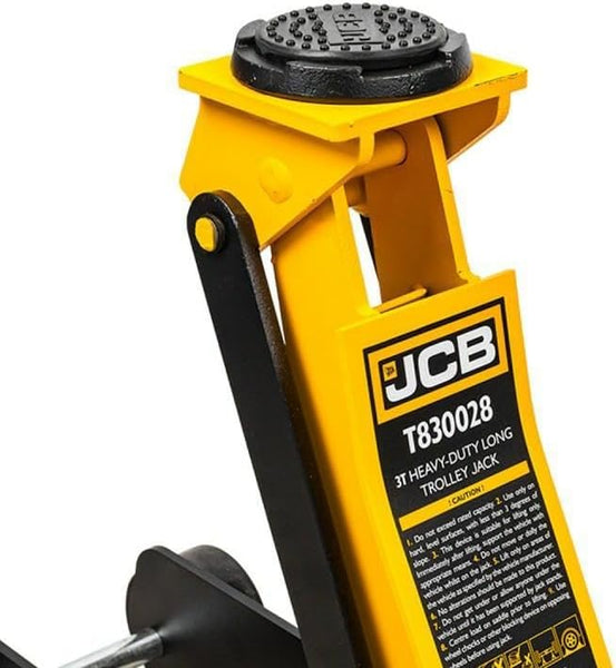 JCB 3 Tonne Hydraulic Long Trolley Jack, Heavy-duty, 525mm Max. Lift for Heavy-duty Automotive Tasks, Rotating Rear Wheels, 3 Year Warranty