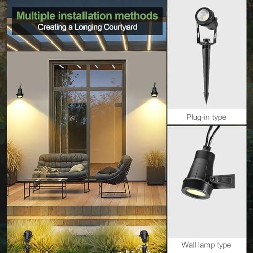 IRISECO 4-1 Garden Spot Lights, 15M Outdoor Spotlight with Adapter, 12V Low Volt LED Garden Lighting, IP65 Waterproof, Outdoor Spot Lights Mains Powered for Yard (3000K)