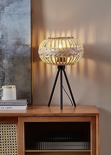 Eglo Tripod Bedside lamp Amsfield 1, Boho Style Light Fixture, Living Room and Bedroom Lighting, Black Metal and Natural Coloured Bamboo, E27 Socket,