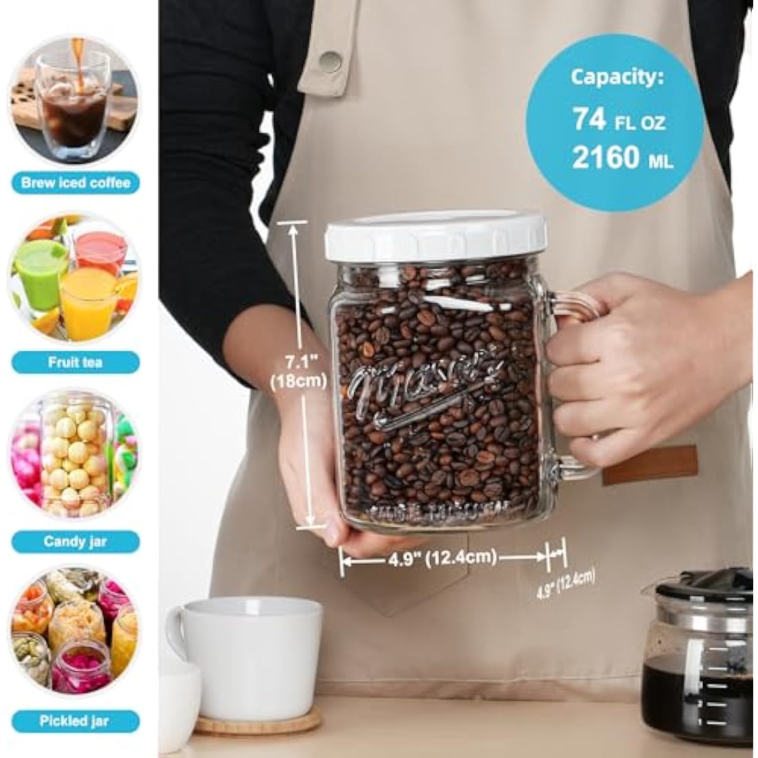 Absovetu 2 Pack Large Glass Jars with Lids 2160 ml/74oz - Wide Mouth Mason Jars with Handle Glas Storage Jars with Lids Airtight for Juice Milk Water Pickle Hot Chocolate Coffee