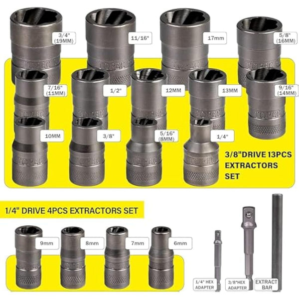 20Pcs Extended Version Bolt Extractor Set, Impact Bolt & Nut Remover Set, Stripped Lug Nut Remover, Extraction Socket Set for Removing Damaged, Frozen, Rusted, Rounded-Off Bolts, Nuts & Screws