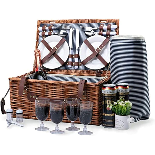 Picnic Basket for 4 Wicker Picnic Set with Large Insulated Cooler Compartment & Waterproof Blanket & Cutlery Service Kit Retro Classic Willow Picnic Hamper Set for Camping Outdoor Party