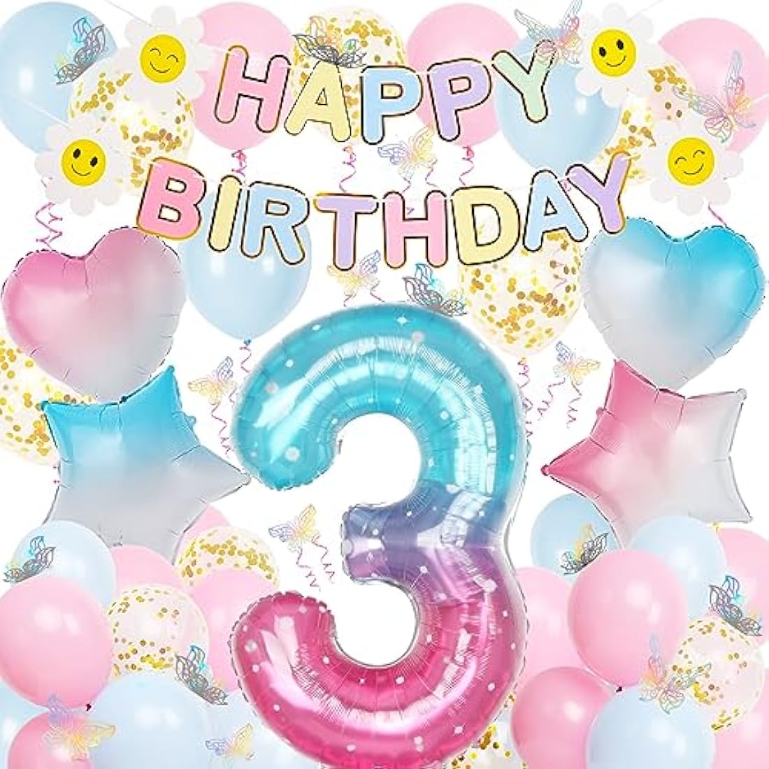 3rd Birthday Decorations for Girls, Gradient Color 40 Inch Age 3 Foil Birthday Balloons with Happy Birthday Banner and Butterfly Stickers, for Baby Shower, Girls Boys Birthday Party