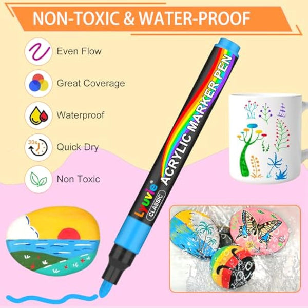 Lyuvie Acrylic Paint Pens Marker, 96 Colours Acrylic Markers for Rock Painting Fabric Glass Pebbles Stone Plastic Metal Wood Ceramic
