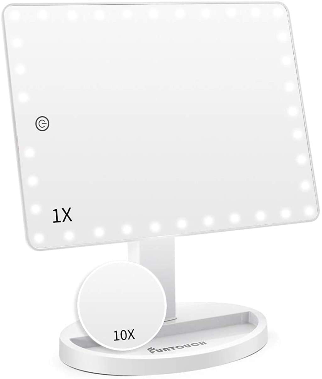 FUNTOUCH Large Lighted Vanity Makeup Mirror (X-Large) with 35 LED Lights, Touch Screen Dimmable and 10X Magnification Dual Power Supply 360Rotation