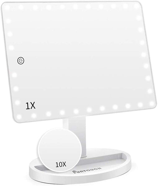 FUNTOUCH Large Lighted Vanity Makeup Mirror (X-Large) with 35 LED Lights, Touch Screen Dimmable and 10X Magnification Dual Power Supply 360Rotation