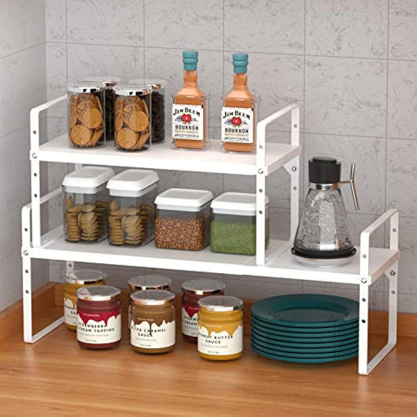 ARCCI Expandable Kitchen Cabinet Shelf Organizers, Stackable Metal Pantry Storage Shelves Rack, Adjustable Counter Spice Shelf for Cabinets, Countertop, Cupboard Organizers and Storage, White