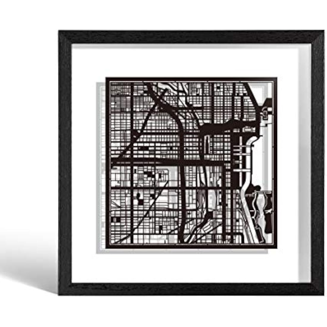 O3 DESIGN STUDIO Chicago Paper Cut Map framed, Black map, Black frame, 9x9 inches, Gift Boxed, 2 background color, self-changing, Paper Art