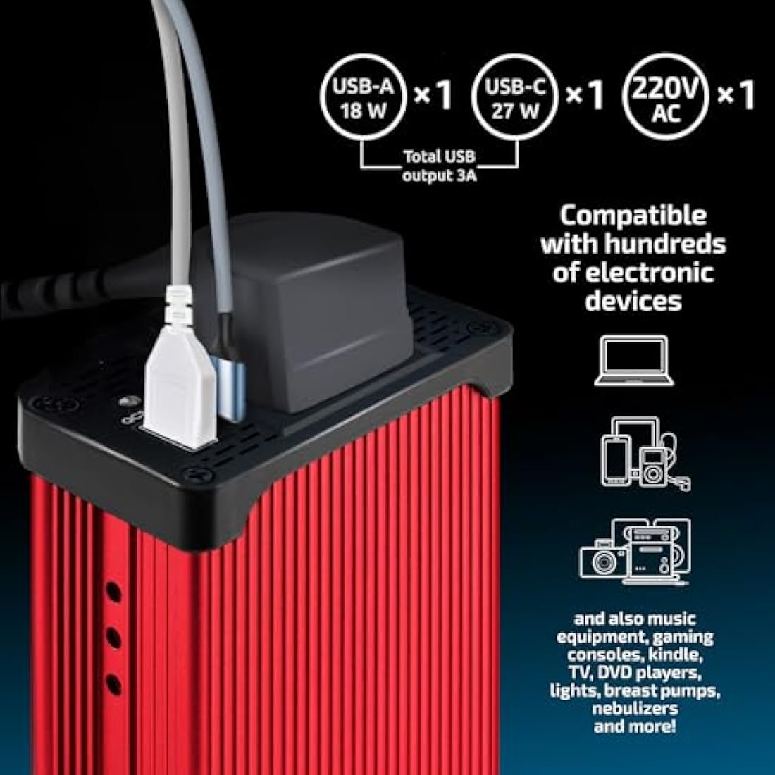 Odoga 300W Car Power Inverter 12V to 240V / 230V Converter, USB-A and USB-C 3A Charging Ports - Charge Your Laptop, iPad, iPhone, Tablet, Consoles & More - Durable and Powerful - Red Aluminum Body