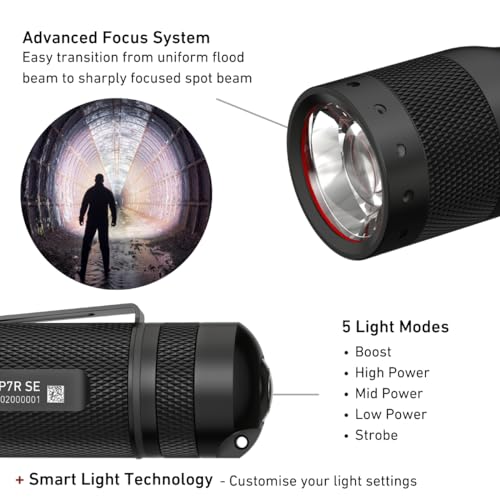 Ledlenser P7R SE - LED Rechargeable Torch, Super Bright 1100 Lumens, Powerful Waterproof Flash Light, Self Defense Strobe Feature, Hiking Torch, Dog Walking, Camping, Up to 40 Hour Battery Life.