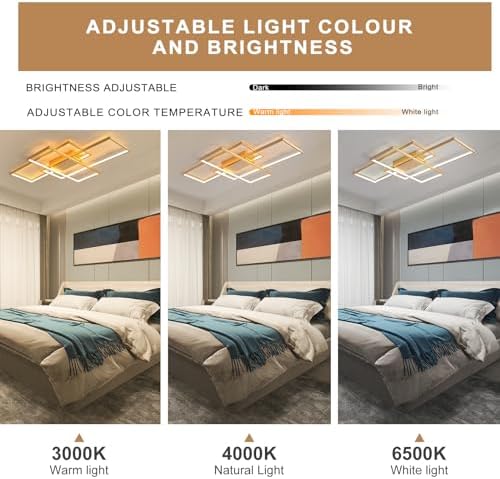 JIINOO Dimmable LED Ceiling Light, 110cm Flush Mounted Ceiling Light with Remote Control, 70W Square Acrylic Modern Simple Design Fixture for Bedroom Living Room, Gold