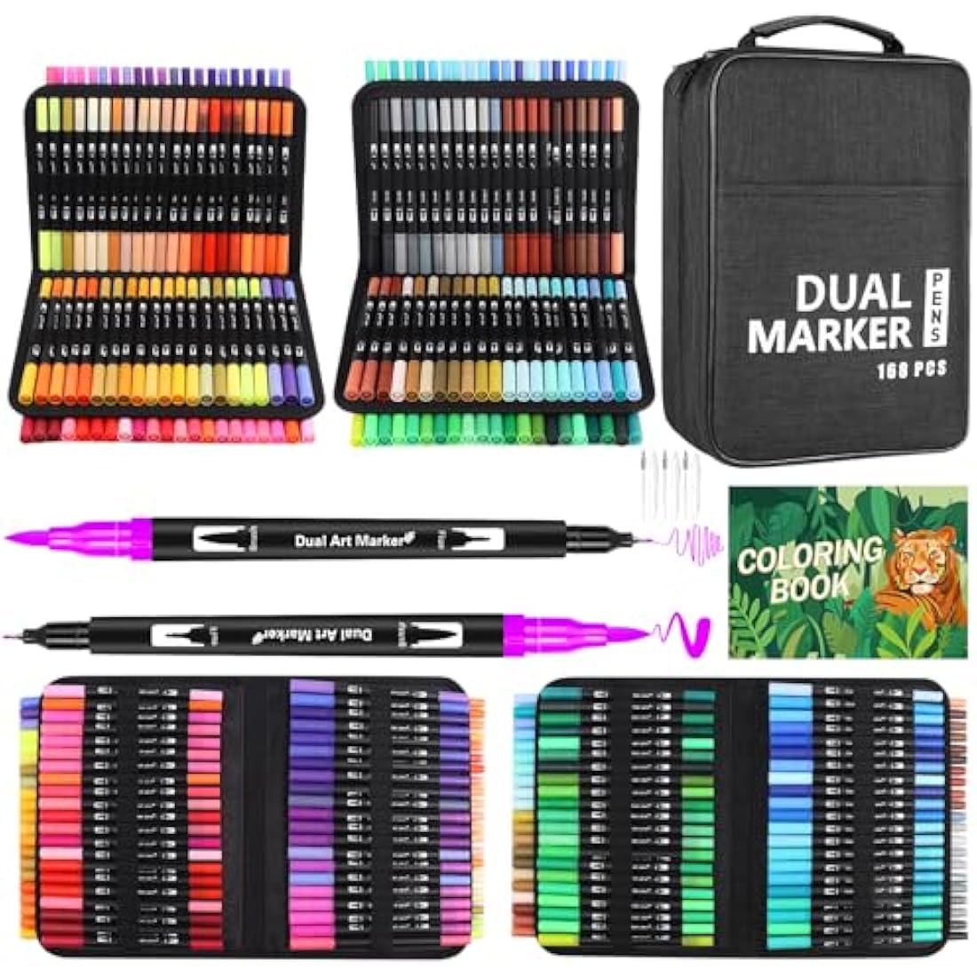 Sanyetral 168 Colouring Pens for Adults and Kids, Dual Tip Brush Pens, Felt Tip Pens Art Set with Coloring Books for Artists Writing, Drawing, Painting, Sketching, Calligraphy
