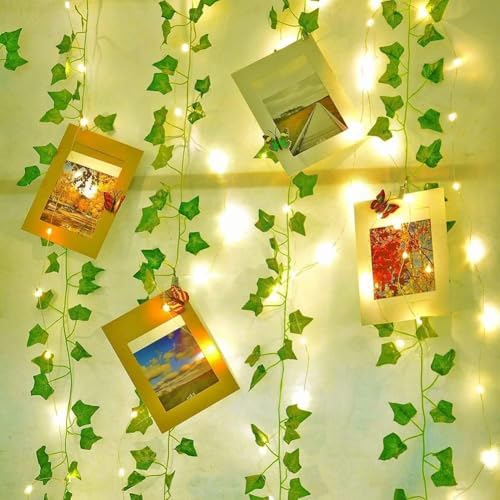 Fielegen 4 Pack 2 Meter Vine with Lights, Fake Ivy String Lights Battery Operated 80 LED Green Leaf Lights, Artificial Garland Plant Vine Fairy Light for Bedroom, Garden, Wall, Room, Party Decor