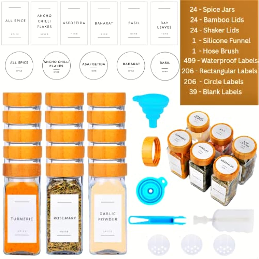 Fix Space 24PCS Bamboo Glass Spice Jars With Lids And Labels - Square Glass Jars With Bamboo Lids - Waterproof Labels Stickers For Herbs, Spices & Seasoning - Kitchen Storage & Organisation